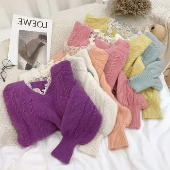 Rudenį, Žiemą Moterys Mados Korėjos Prašmatnus V-Kaklo, Raukiniai, Nėriniai Megztiniai Lady Sweet Kietas Outwear Viršūnes Ropa Mujers Megztinis