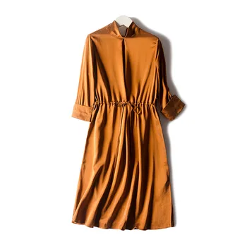 Silviye Šilko suknelė šilko temperamentas mažas stovėti apykaklės, vidutinio ilgio Šalis, vidurio rankovėmis suknelė pavasarį ir rudenį 