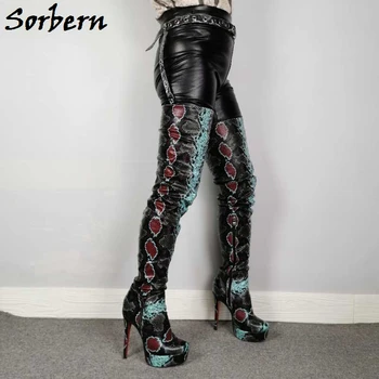 Sorbern Custom Spalvos Gyvatės Batai Moterų Aukšto Kulno Platforma Su Diržo Vidurio Šlaunų Auliniai Batai Moteriška Custom Wide Tinka Slim Fit