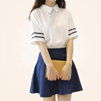 Trumpomis Rankovėmis, Japonijos Mokyklinę Uniformą Mergina Sailor Suknelė Tibeto Mėlynos Spalvos Pledas Sijonas Uniformes Japonais Korėjos Kostiumai Mergina