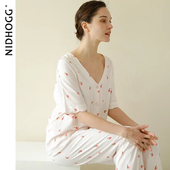 Vasarą Šviežią Trumpas Rankovės Kelnės Satino Pižama V-Kaklo Viskozė Peach Spausdinimo Sleepwear Loungewear Moterų Namų Drabužių Gabalas 2