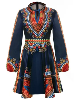 Vestido De Verano Derliaus Dashiki Tradicinių Spausdinimo Mini Suknelė Rakto Skylutę, Priekiniai Ilgomis Rankovėmis Varčias Linijos, Suknelės Moterų Plius Dydis