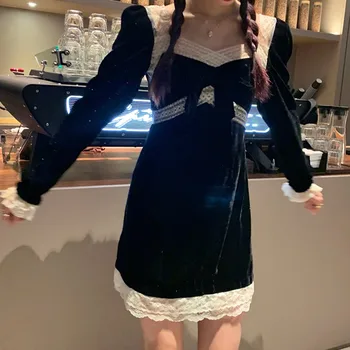 Viktorijos Vintage Black, Gothic Lolita Suknelė Moterims Japonijos Nėrinių Kratinys Aksomo Mini Suknelė Mergina Prašmatnus Lankas Ilgomis Rankovėmis Punk Dress