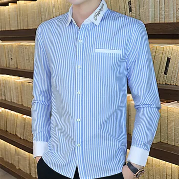 Vyriški marškiniai ilgomis rankovėmis rudenį naujų slim fit korėjos mados asmeninį juostele jaunimo laisvalaikio marškinėliai