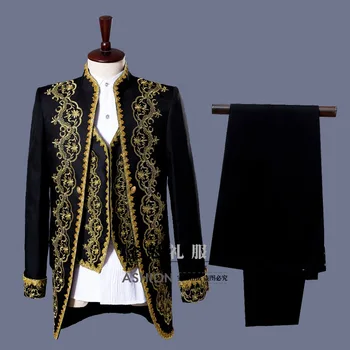 Vyrų Europos stiliaus auksu suknelė teismas pakrautas vyriška liemenė trijų dalių studija drabužių juoda ir balta operos etapo lentelė