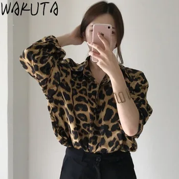 WAKUTA Leopardas Spausdinti Marškiniai, Palaidinės Prarasti savo Ruožtu Žemyn Kaklo Viršūnes korėjos Stiliaus Atsitiktinis Moterų Mados Moterų Drabužiai Nauji Blusas
