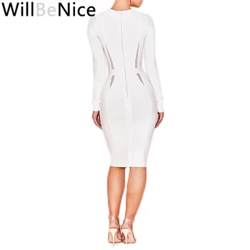 WillBeNice 2019 Žiemos Seksualus Moterų, Balta Ilgomis Rankovėmis Elegantiškas Vidurio Blauzdos Bodycon Suknelė Garsenybių Suknelės, Šaliai, Tuščiaviduriai Iš Vestidos