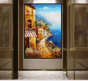 Šiaurės Amerikos club med rankomis dažyti aliejus tapybos stilius, papuošti viešbučio fojė Toskanoje town house namuose
