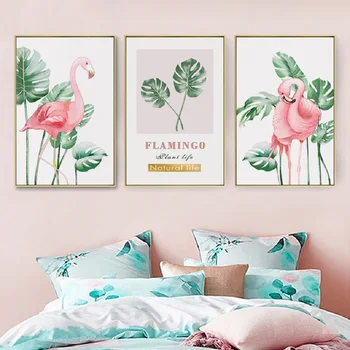 Šiaurės Atnaujinti Pink Flamingo Žali Lapai Drobės Paveikslai Spausdinami Gyvūnų Plakatai Sienos Menas Nuotraukas Kambarį Apdaila