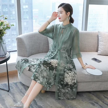 Žalia 2 dalių komplektas dress kostiumai plius dydis moterų, vasaros Kinijos stilius derliaus šalis, midi suknelė su caridgan drabužių Vestido