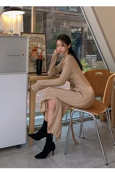 Žiemos Korėjos Temperamentas V-Kaklo, Dizaino Prasme, Nėrinių Iki Juosmens Twist Megztinis Suknelė