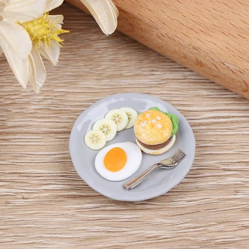 1:12 Miniatiūriniai Pusryčių Rinkinys Hamburger Kiaušinių Patiekalas su padėklu Lėlių Virtuvės Maisto Priedai