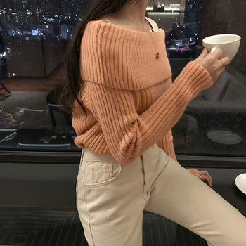 2019 m. Rudens ir žiemos naujas eleastic elegantiškos retro off peties velniop kaklo, ilgomis rankovėmis megztinis sexy plonas megztinis (puloveris)