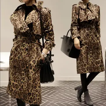 2020 M. Rudenį Naujų Moterų Korėjos Leopard Ilgi Paltai Moterims Plonas Ilgas Skyriuje Švarkelis, Spausdinimo Plonas Plonas Diržas Banga Tranšėjos
