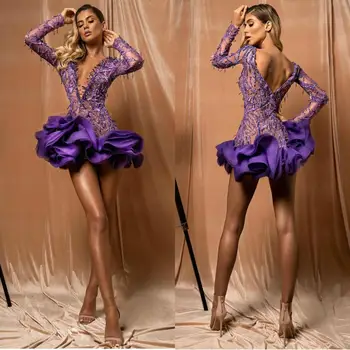 2020 Mini Seksualus Prom Dresses Giliai V Kaklo Nėrinių Duobute Ilgomis Rankovėmis Vakarinę Suknelę Užsakymą Iliuzija Kokteilis Suknelės