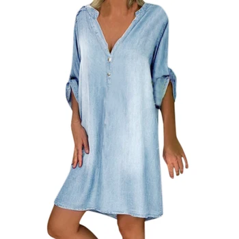 2021 m. Rudenį Denim Blue Ilgi Marškinėliai-Suknelė Elegantiškas Darbo OLIS Midi Sundress Moterų V-Kaklo trumpomis Rankovėmis Vestido Moteris