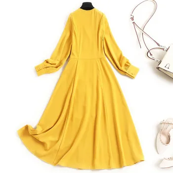 2021 Nauja Mada Moterims Pavasario Suknelė Ilgomis Rankovėmis Drabužius, Nėrinių Apykaklę Tvarstis Skraiste Femme Kietas Vidurio Blauzdos Atsitiktinis Geltona Vestidos
