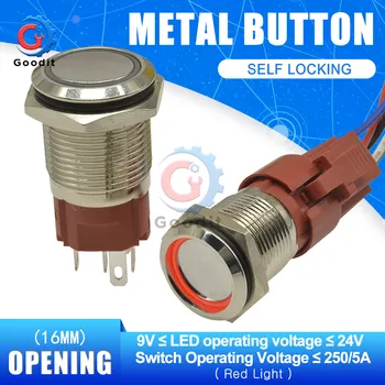 250V 5A vandeniui LED metalo jungiklis Akimirksnį Latching mygtukas jungiklis užrakinti 16mm plokščia galva fiksuotojo Mygtukas