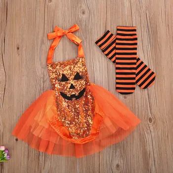 2vnt Komplektus Baby Girl Helovinas Mielas Mielas Moliūgų Veido China Apynasrio Romper Tutu Suknelė + Dryžuotos Kojinės
