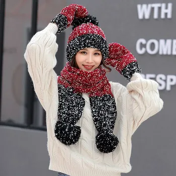 3Pcs Moterų Žiemą Šiltas Spalvotų Megzti Venonat Beanie Skrybėlių+Šalikas+Pirštinės Rinkinys