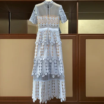 AELESEEN kilimo ir tūpimo Tako Mados Maxi Nėrinių Suknelė 2020 M. Aukštos Kokybės Gėlių Siuvinėjimas Tuščiaviduriai Iš Mėlynos spalvos Suknelė, Ilgas Šalis Atostogų Suknelė