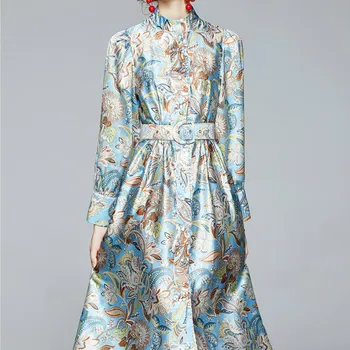 Anglija Stiliaus Moteris Print Dress-Line Aukštos Juosmens Ilgomis Rankovėmis Vidurio Blauzdos Stovėti Rudens Derliaus Mygtuką Naujų Moteris Plisuotos Suknelės