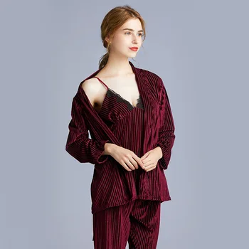 Aukso Aksomo Pižama Moterims Rudens Žiemos ilgomis rankovėmis Namų Drabužiai, Diržas Kelnėms Trijų dalių Moterys Sleepwear Pyjama Rinkinys