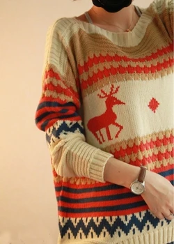 Aukštos kokybės N - apykaklės megztinis gyvūnų elnių rankovės ilgos Megztos Žiemą Šilta Kalėdų džemperis Moterims