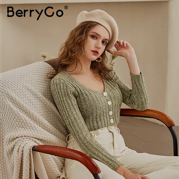 BerryGo Seksualus megzti megztinis moterims rudens žiemos Ilgos rankovės įrengtas mygtuką moterų megztinis Ponios kietas trumpas megztinis džemperis