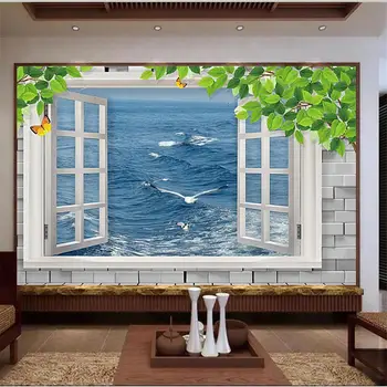 Custom 3d foto tapetai, freskos gyvenamasis kambarys su sofa-lova, TV foną, langų plytų siena marina tapyba nuotraukos foną sienos 3d