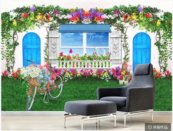 Custom freska ant sienos 3d tapetų Langą dviračių rožių gėlių pieva namų dekoro foto tapetai kambarį