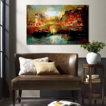 Drobė meno City Amsterdam Aliejaus tapybai reprodukcijai Willem Haenraets Impresionistų Paveikslai, Peizažai miesto panoramos Rankomis dažyti