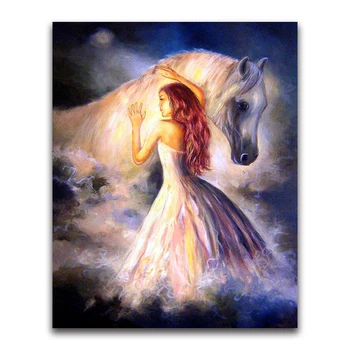 H2250 arklių siuvinėjimo diamond paveikslai, mergina su balto žirgo, siuvinėjimo arklių diamond