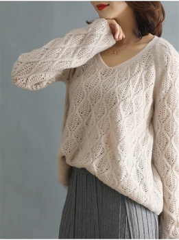 Kašmyro vilna mišinys tuščiaviduriai iš trikotažo moterų mados Vneck megztinis megztinis trumpas stilius platus prarasti S/M/L dydis EUR