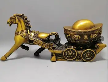 Kinija Kolekcija antikvariniai žalvaris Arklių TRAUKTI transporto priemonės Yuanbao Išdrožti vaizdo Z221