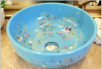 Kinijos Meno Rankų darbo Skaitiklis viršuje Keraminių Vonios kambarys Laivo Kriaukle dubuo gėlių ir paukščių mėlynos keraminės kriauklės vonios kriaukle