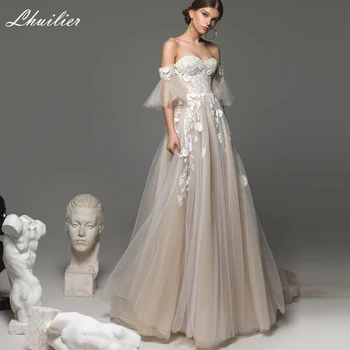 Lhuilier-line Brangioji Iškirpte Tiulio Šampano Vestuvių Suknelė 