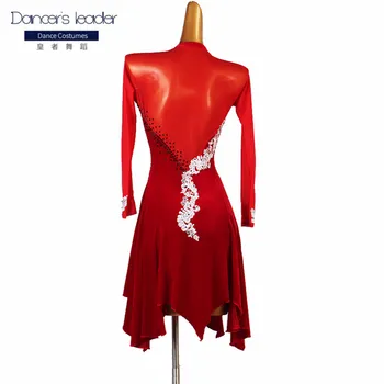 Lotynų amerikos Šokiai Diamond ilgomis rankovėmis Suknelė Ponios Rumbachia Salsa Šokio Kostiumų Sportinių Rezultatų Suknelė Raudona Juoda