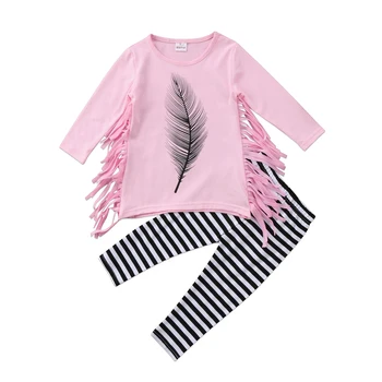 Mados lauko bamblys baby girl drabužiai nustatyti kutais lapų spausdinimo ilgomis rankovėmis Viršuje+ dryžuotas kelnes 2vnt 2019 naujas