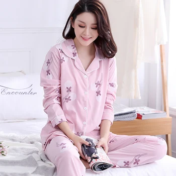Medvilnės Pižama Nustatyti vidutinio Amžiaus Moterims Gėlių Spausdinti Pižamos ilgomis rankovėmis Pijama Mujer Plius Dydis Sleepwear Homewear Pižamą