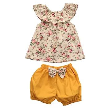 Merginos kostiumas vasaros 2019 naujas medvilnės Bamblys Vaikai Mergina Gėlių Rankovių Viršūnes+Lankas, Šortai, Kelnės Komplektus Drabužių Set #3A18