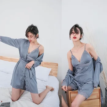 Miego Nustatyti Pižamą Moterų 4PCS Kimono Suknelė Satino naktiniai drabužiai Intymus apatinis Trikotažas Sexy Namų Drabužių Satino Vasaros Naują Homewear