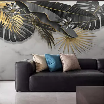 Milofi individualų 3D didelės tapetai Šiaurės minimalistinę rankų darbo dažytos tropinių augalų lapai džiazo balto marmuro sienos fone