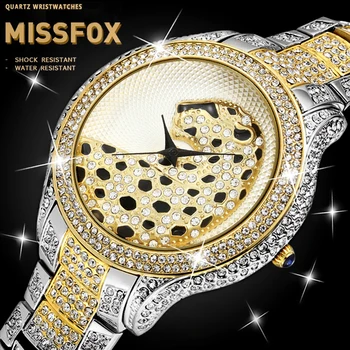 MISSFOX 3D Leopard Žiūrėti Aukso Ir Sidabro Padengtą Mens Diamond Laikrodžiai Top Brand Prabanga Vandeniui Suknelė Žiūrėti Relogio Masculino