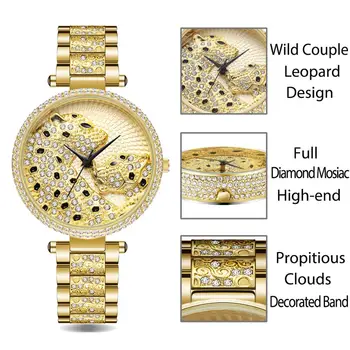 MISSFOX Leopard Pora Laikrodžiai Mylėtojas Xfcs Prabangos Prekės Crystal Aukso Kvarco Žiūrėti Visą Deimantų Apyrankės Kalėdų Dovana