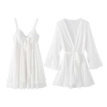 Moteriška Balta Kimono Skraiste Homewear Akių Seksualus Sleepwear Chalatas Suknelė Intymus Apatinis Trikotažas Nėrinių 2021 Naujas Miego Nustatyti, Naktiniai Drabužiai