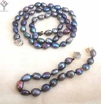 Moterų Papuošalai tikras perlas karoliai, apyrankės rinkinys 10mm AAA juoda pilka violetinė spalvos baroko gamtos perlas dovana