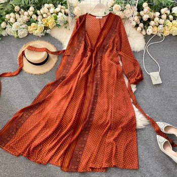 Moterų pavasarį, rudenį dot spausdinti v-kaklo, ilgomis rankovėmis ilgą šifono suknelę moteris plonas diržas prabangus paplūdimio suknelė TB1149