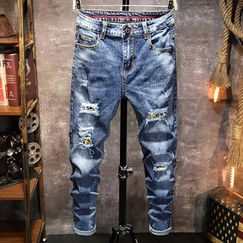 Mėlyna Ripped Jeans vyriški Naujas Geltonos spalvos Atitikimo Kratinys Džinsai Kankina Ruožas Slim Kelnės Plauti Motociklą Hip-hop Streetwear