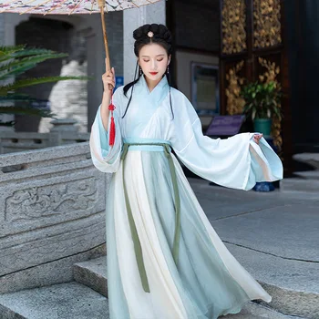 Nemokamas pristatymas Han stiliaus aukso šilko kryžiaus antkaklio didelių rankovėmis marškinėliai moterų suknelė vienas gabalas audimo didelis swing sijonas pasakų sijonas